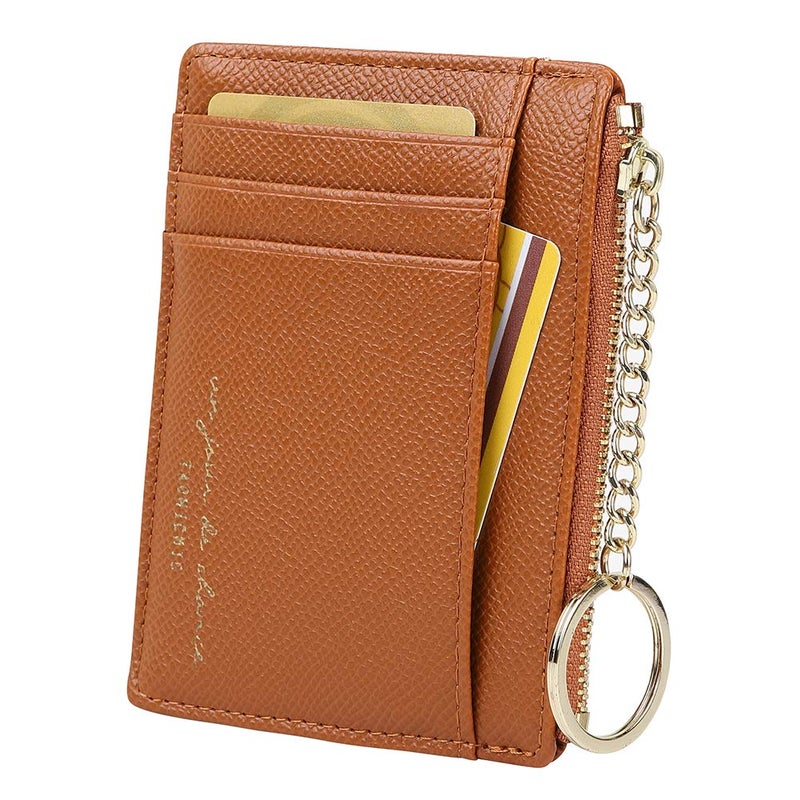 Cynure Women's 8 Cards Slim Minimalist Card Holder Coin Changes Purse Keychain Front Pocket Wallet, brown - Image 1